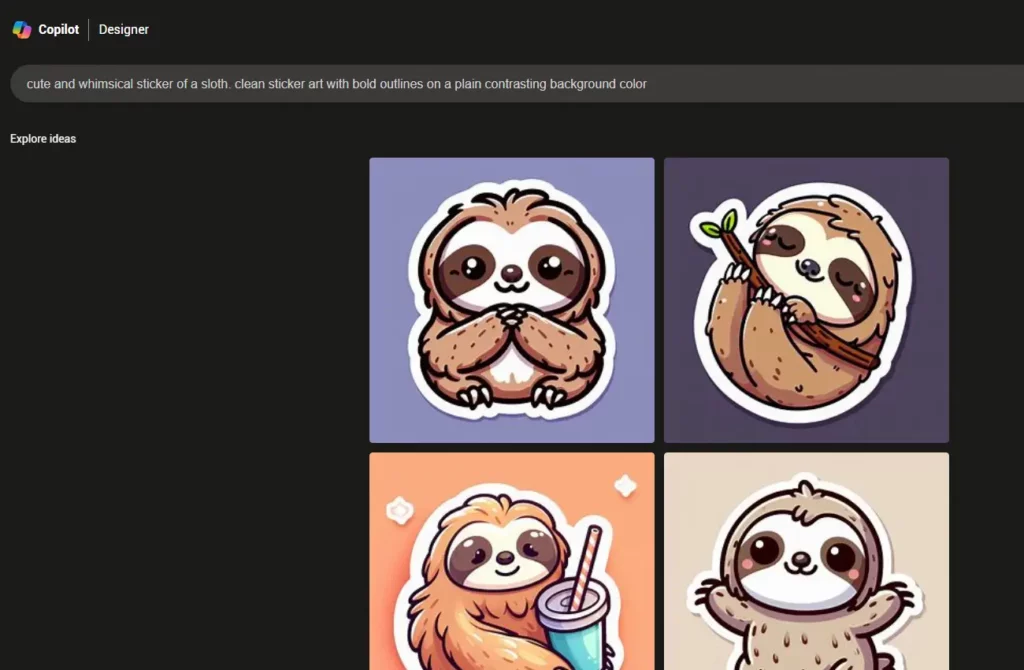 an example of a sloth sticker design created with the bing copilot designer tool along with the prompt to make it