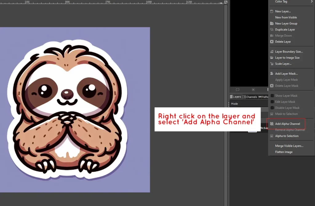how to delete the background of a sticker design in gimp by adding an alpha channel to the layer