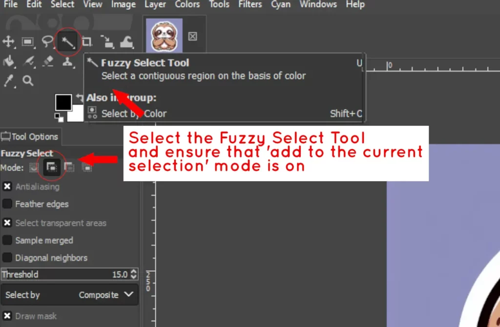 deleting the background of a sticker image using the fuzzy select tool in GIMP