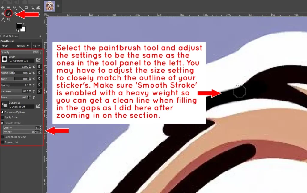 using the paintbrush tool in GIMP to fill in any imperfections in your sticker art design